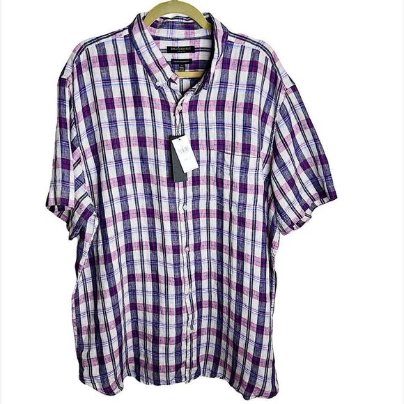 Banana Republic 100% Linen purple plaid button down shirt - Picture 1 of 6